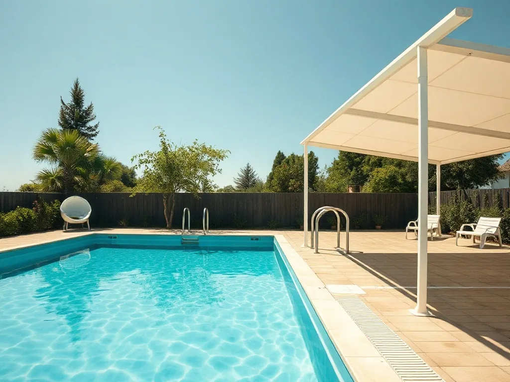 Abri bas de piscine télescopique partiellement ouvert sur un bassin enterré, entouré d'un jardin arboré
