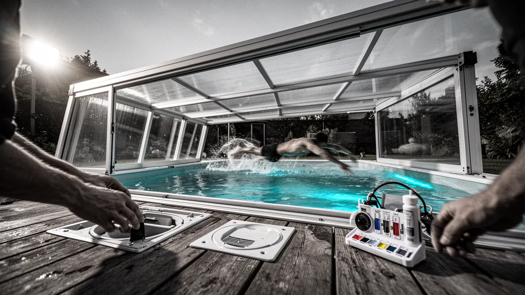 Abri bas en modules coulissants couvrant une piscine extérieure, jardin autour