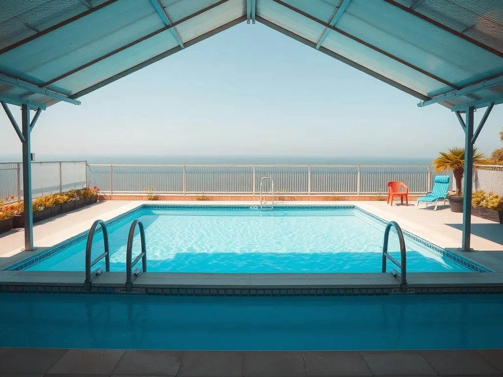 Abri de piscine haut en aluminium installé sur un bassin rectangulaire, structure ouverte à moitié pour laisser entrer le soleil