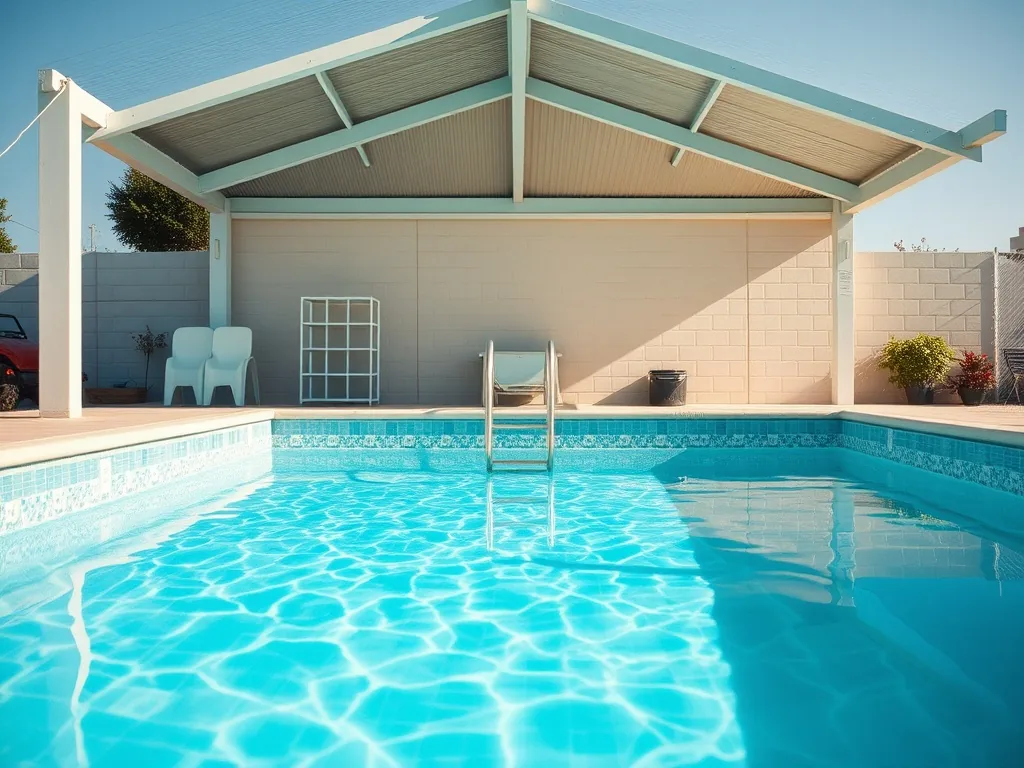 Abri en bois abritant une pompe de piscine et un filtre à sable, installé sur une dalle en béton