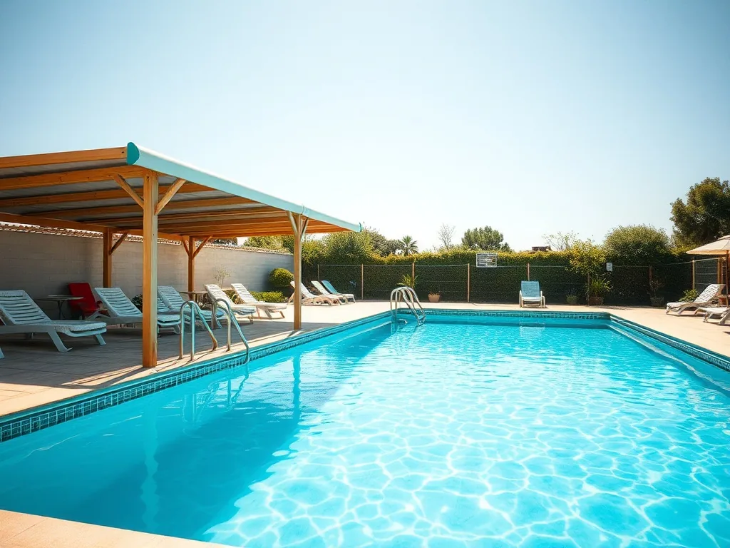 Abri de piscine en bois avec toit en pente installé au bord d'un bassin, fond de jardin arboré