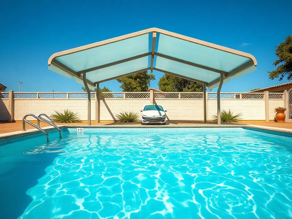 Montage d'un abri de piscine en kit, structure aluminium et panneaux polycarbonate sur une terrasse