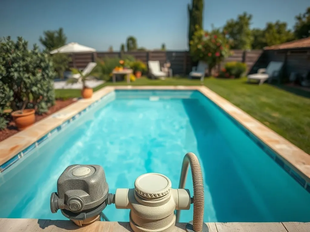 Bassin de jardin avec nénuphars et berges plantées de graminées, eau limpide reflétant le ciel