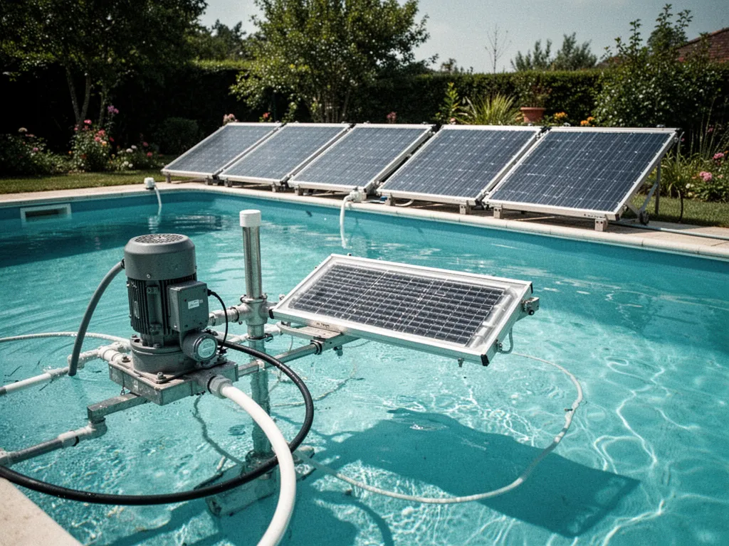 Piscine extérieure avec panneaux solaires installés à proximité et eau calme sous un ciel ensoleillé
