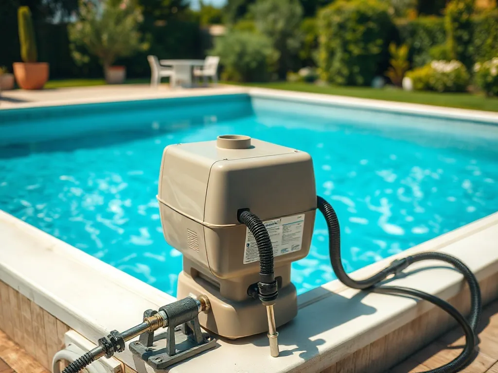 Piscine tubulaire équipée d'une bâche à bulles et d'un réchauffeur solaire sur une terrasse