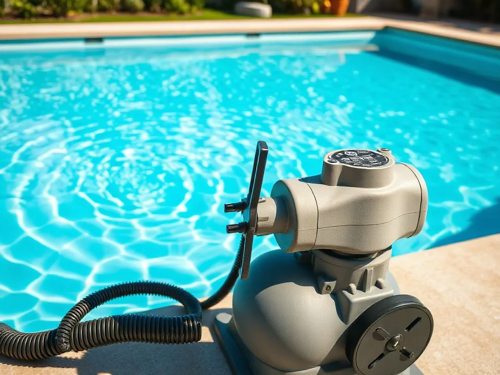 Réchauffeur électrique Bestway Flowclear branché sur une piscine tubulaire, tuyaux raccordés et eau en circulation