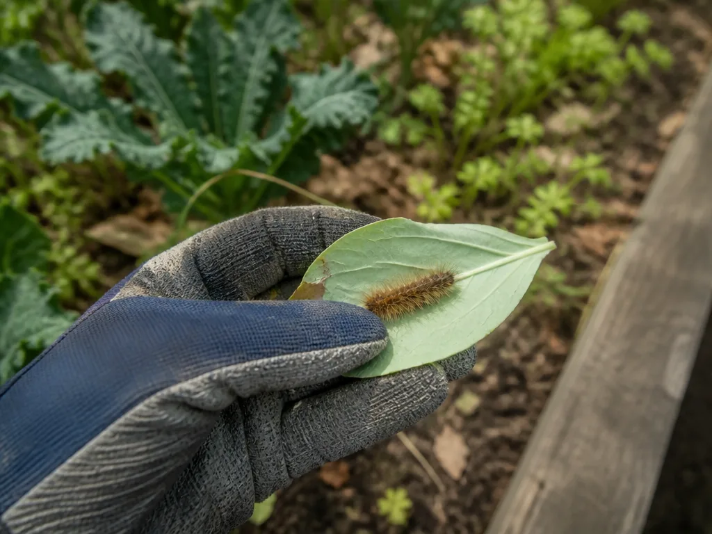 Photorealistic editorial photograph of a gardener's gloved hand holding a brown hairy caterpillar on a leaf, with a blur