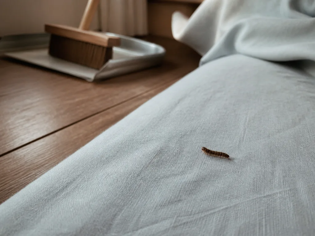 Photorealistic editorial photograph of a small brown caterpillar crawling on a blank linen bedsheet near a wooden floorb