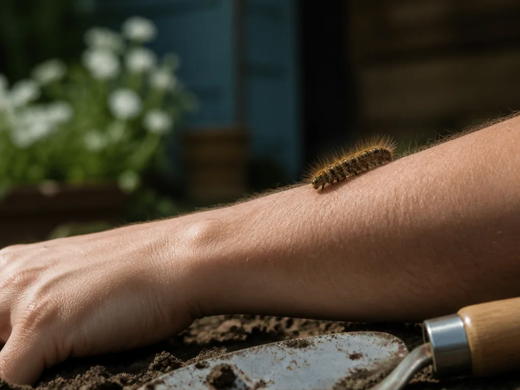 Photorealistic editorial photograph of a person's bare forearm lightly brushed by brown caterpillar hairs, with a garden