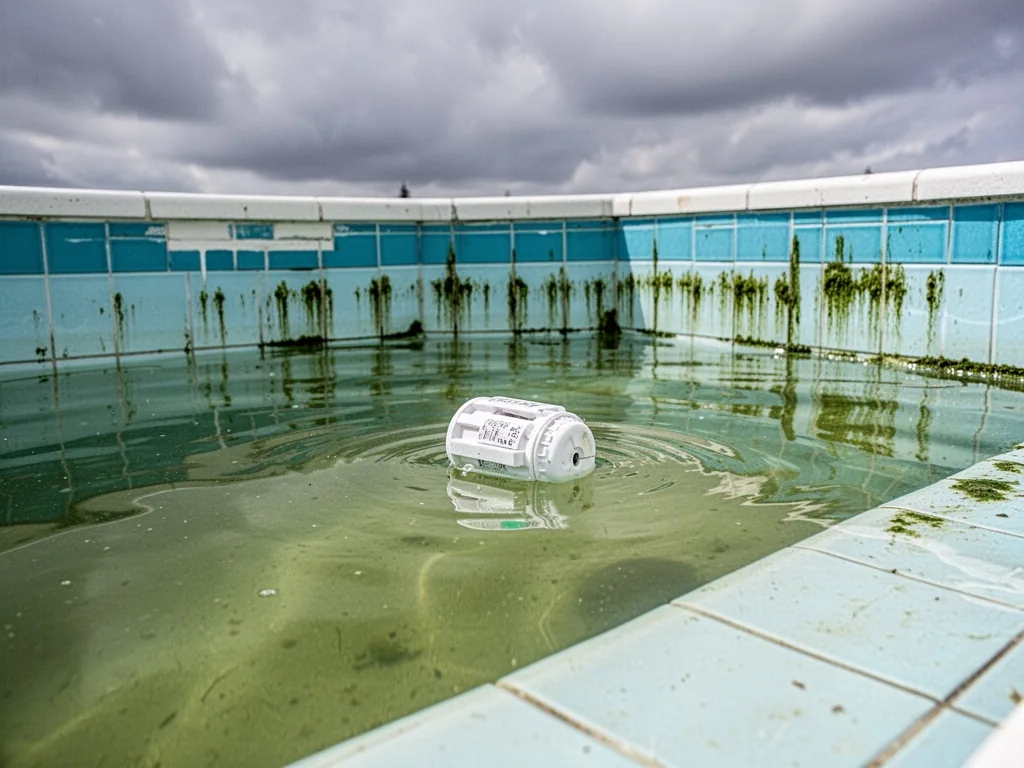 A swimming pool with murky greenish water, algae streaks on the tiles, and an empty floating chlorine dispenser under a 