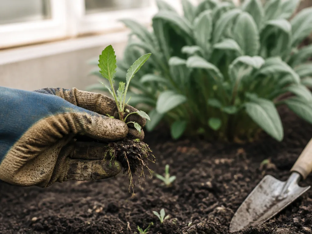 Photorealistic editorial photograph of a gardener's gloved hand holding a young annual weed uprooted from damp soil, wit
