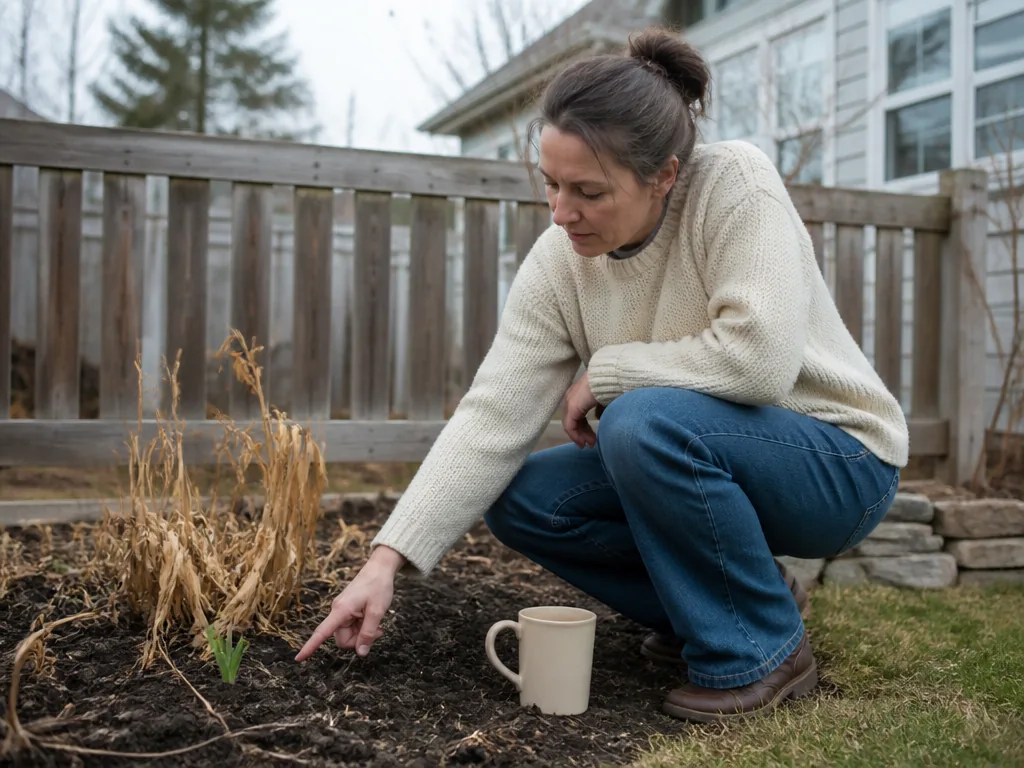 Photorealistic editorial photograph of a person kneeling beside a garden bed, pointing at a small green shoot emerging f