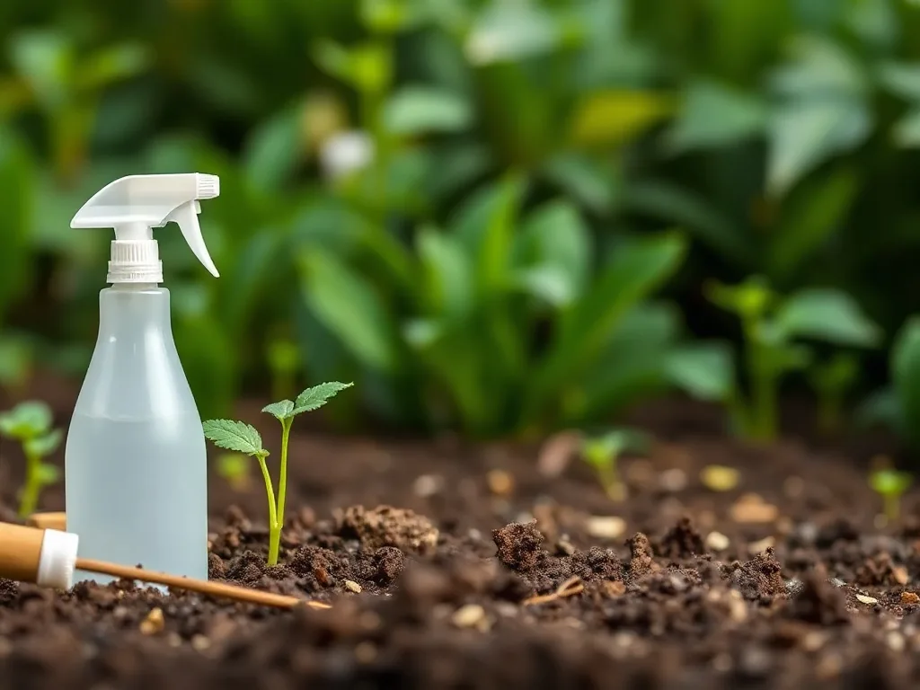 Un jardinier pulvérise du glyphosate, des mauvaises herbes jaunissent déjà
