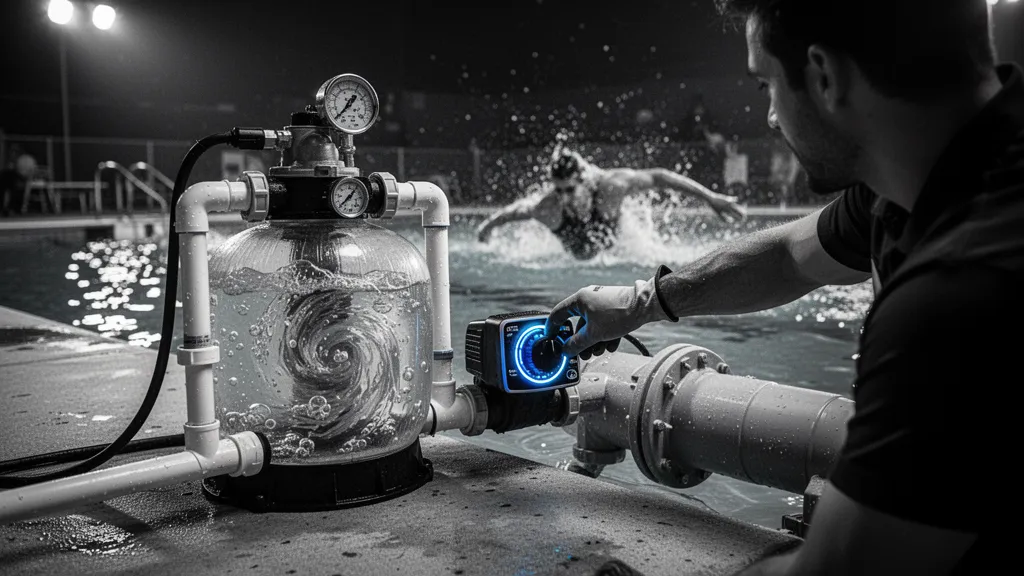 Vue rapprochée d'une pompe de piscine modulaire posée près d'un local technique