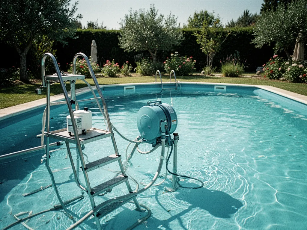 Coque polyester de piscine installée dans un jardin, eau limpide et local technique visible