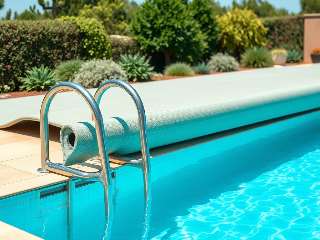 Couverture à barres pour piscine enterrée dépliée sur l'eau, fixée aux margelles par des pitons de sécurité, avec enrouleur visible au premier plan