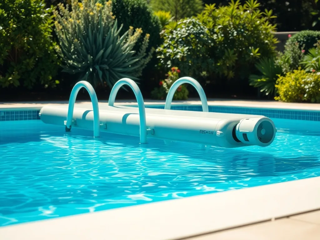 Volet roulant de piscine motorisé en position fermée sur un bassin extérieur, vu de dessus