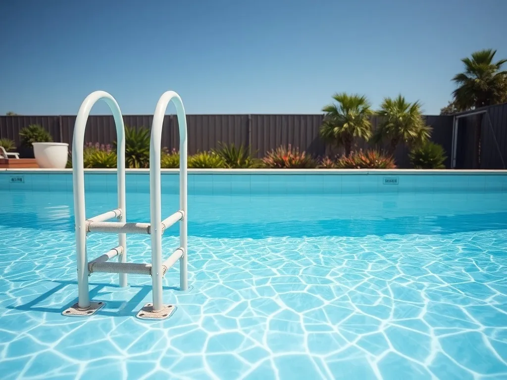 Escalier d'angle en résine blanche dans une piscine à liner bleu, marches antidérapantes, eau limpide
