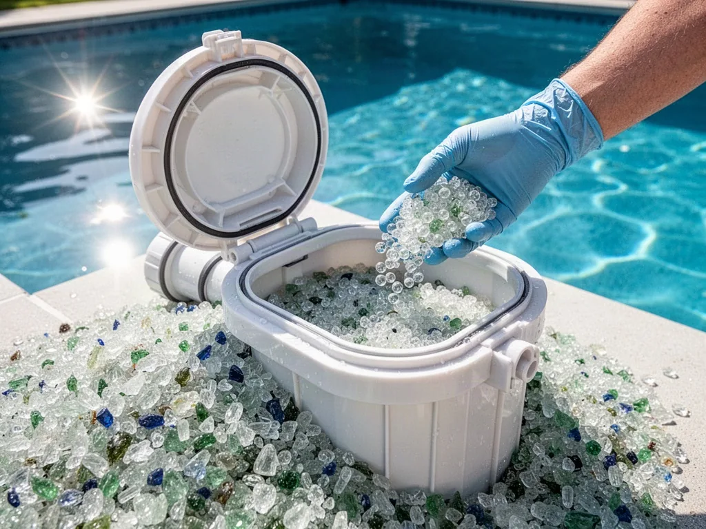 An open pool filter tank beside a pile of recycled glass filter media, a gloved hand scooping the glass beads, white pla