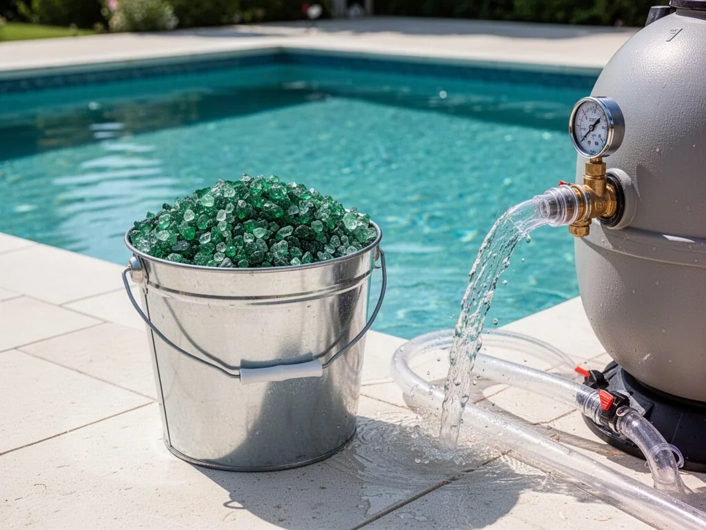 A bucket of green recycled glass filter media next to a pool filter pressure gauge and clear backwash hose, water flowin