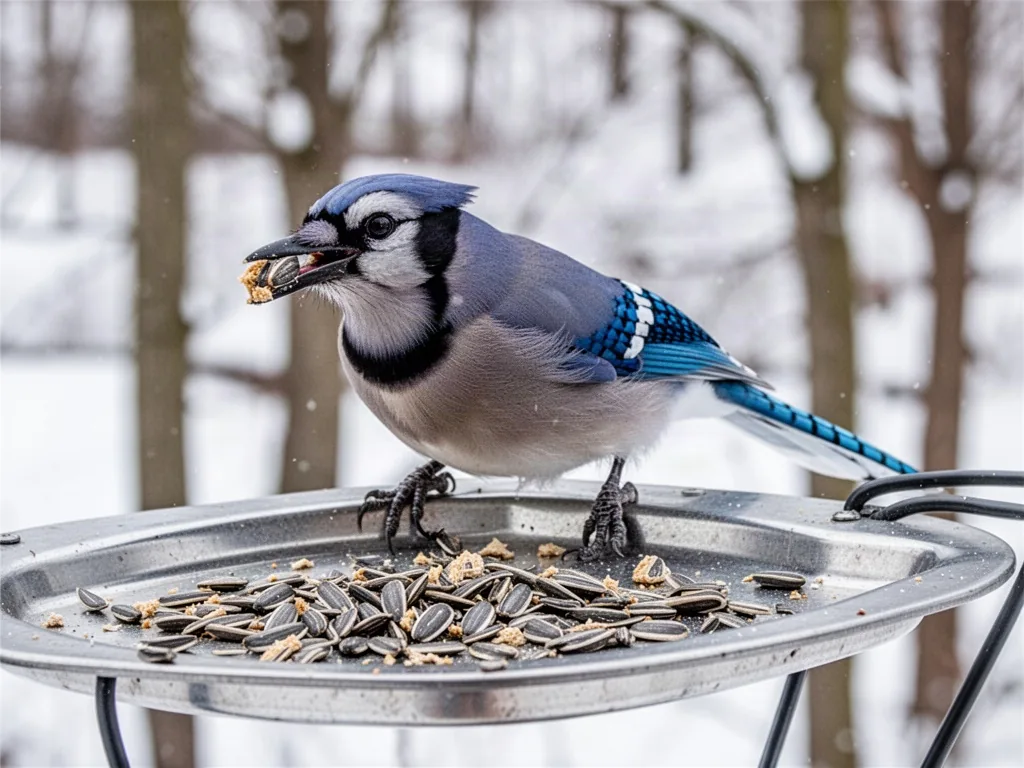 A blue jay perched on a metal feeder tray, gripping a sunflower seed in its beak, black necklace markings visible, scatt
