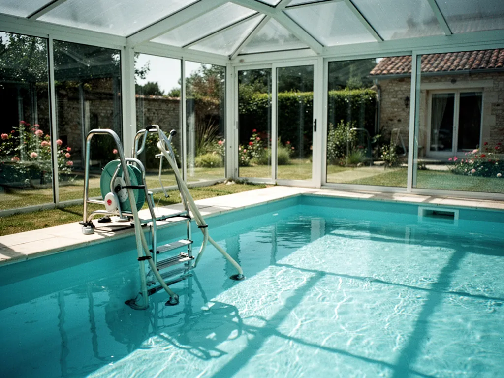 Piscine intérieure chauffée dans un gîte, eau limpide, baies vitrées donnant sur la campagne