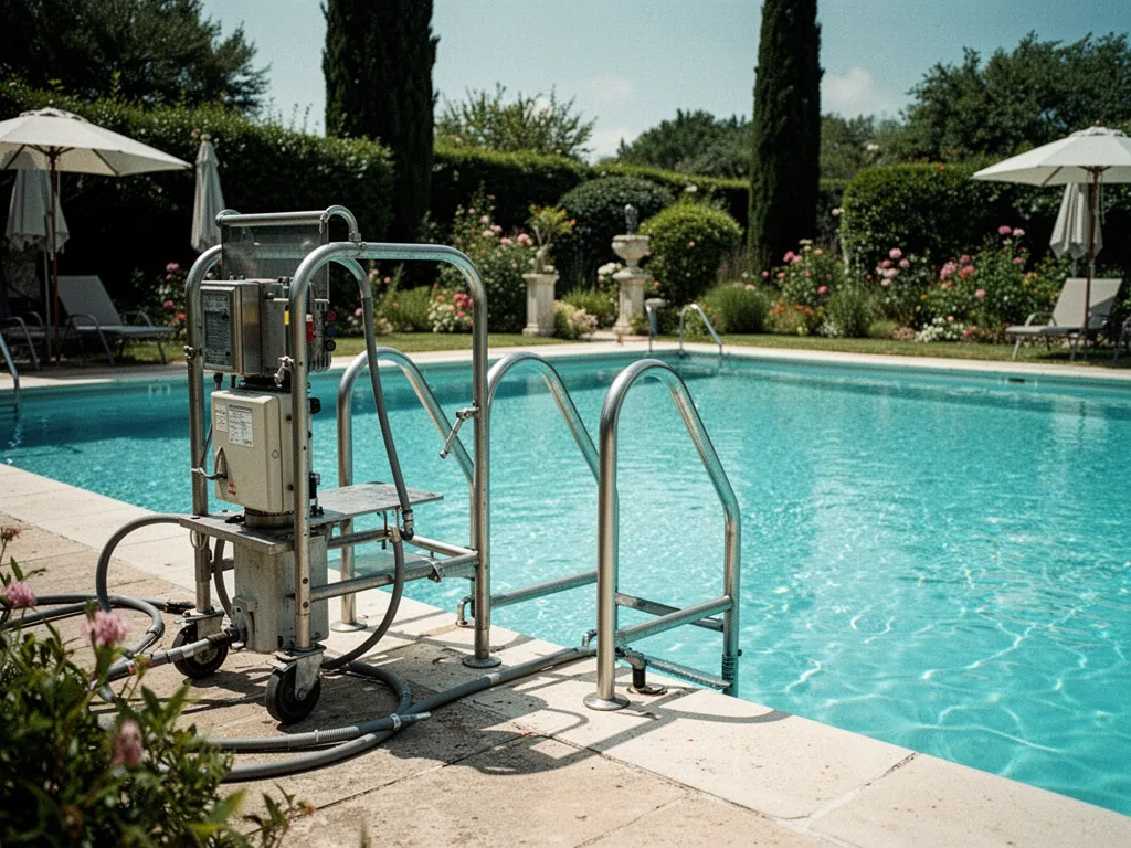 Piscine extérieure d’hôtel avec transats, terrasse minérale et vue dégagée sur les montagnes
