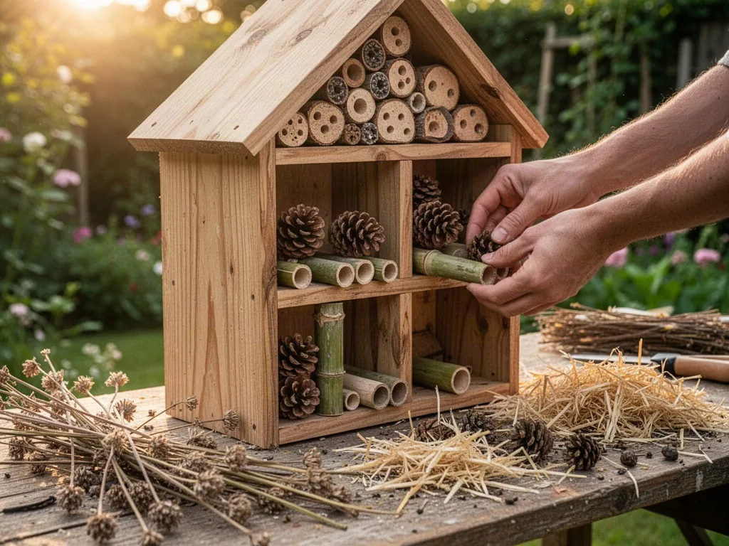 A wooden insect hotel with open compartments, hands placing pine cones and bamboo tubes into empty slots, dried stems an
