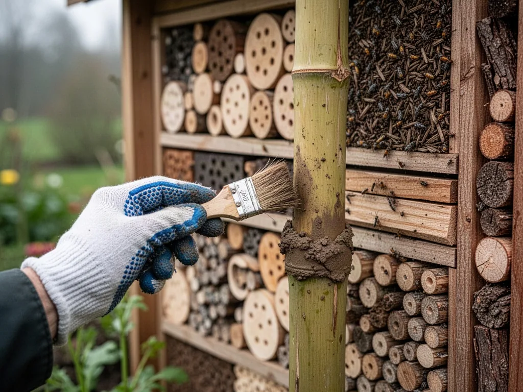 A gardener's gloved hand holding a small brush near a bamboo tube sealed with mud, insect hotel wall with varied materia