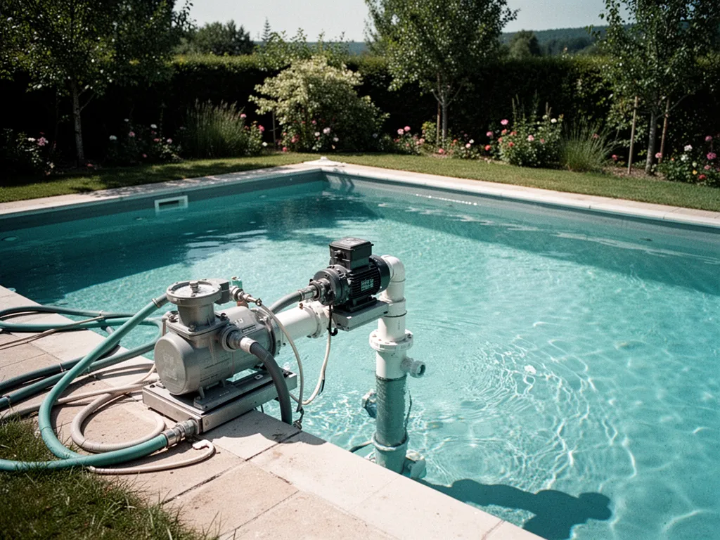 Piscine semi-enterrée installée dans un jardin en pente, avec margelles et terrasse en bois