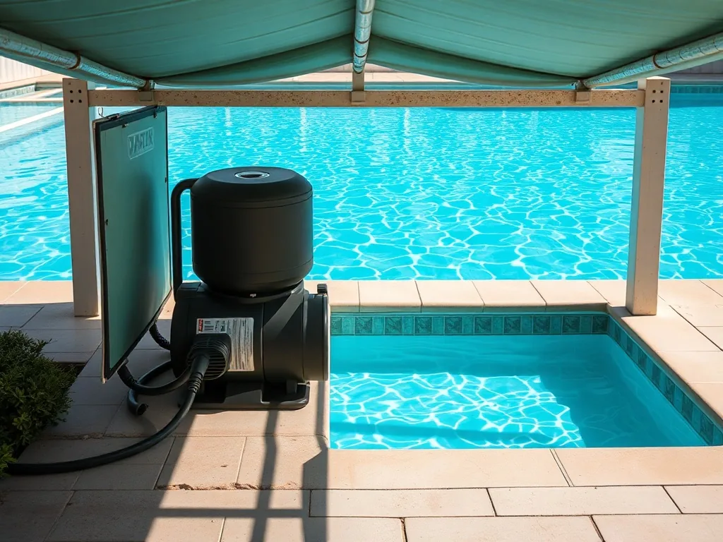Abri en bois pour pompe de piscine posé sur une dalle béton, avec aérations visibles sur le côté