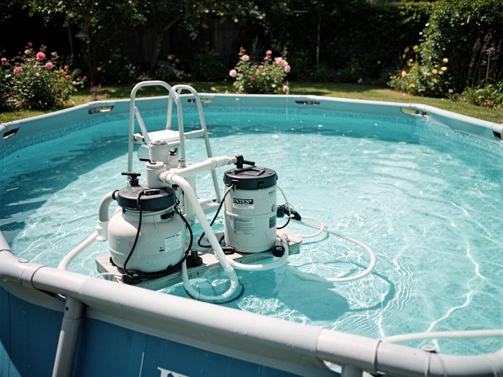 Piscine hors sol Intex tubulaire dans un jardin, avec liner bleu tendu et structure métallique visible