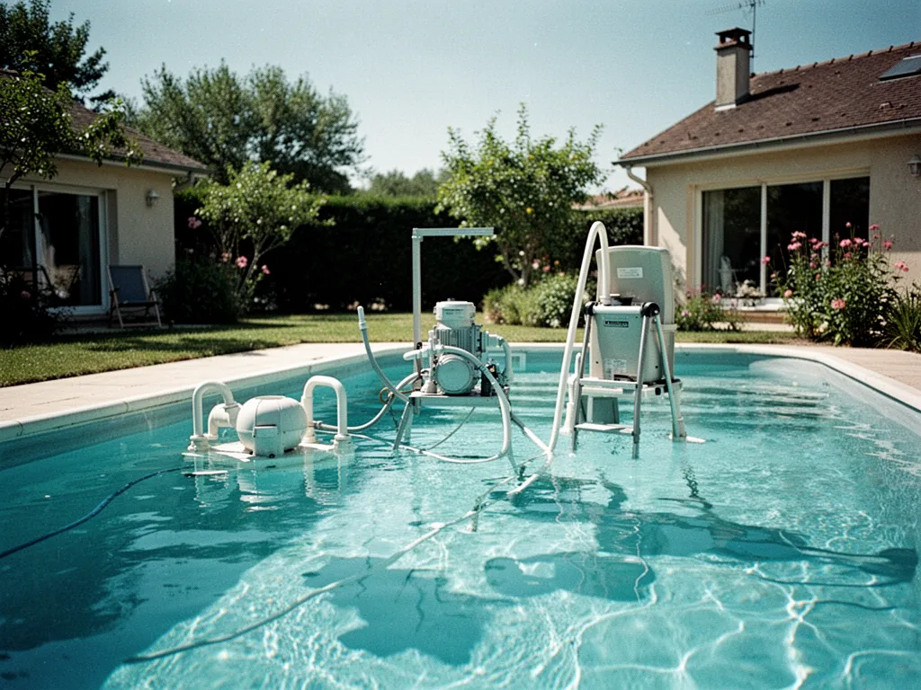 Vue d'une piscine extérieure chauffée devant une maison de vacances, eau limpide et buée au petit matin.