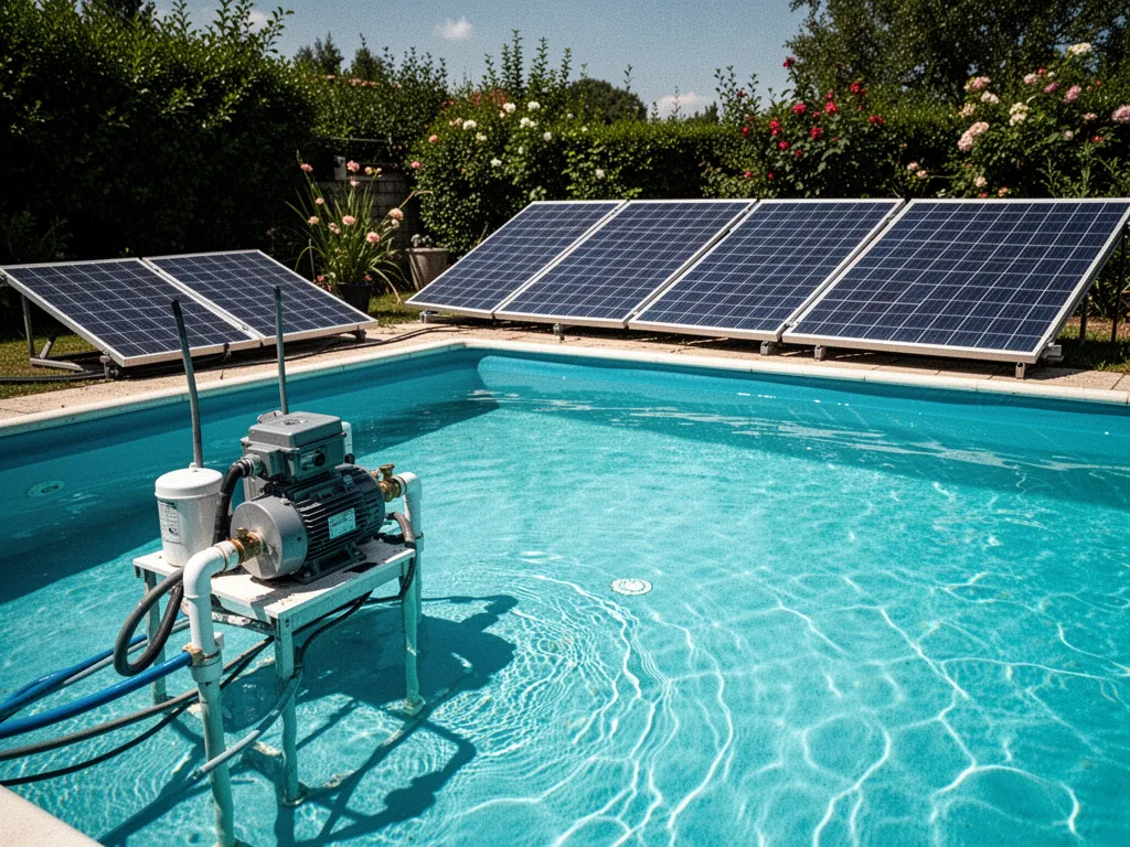 Rangée de panneaux solaires thermiques noirs installés au sol pour chauffer l'eau d'une piscine, avec tuyauterie visible et ciel ensoleillé