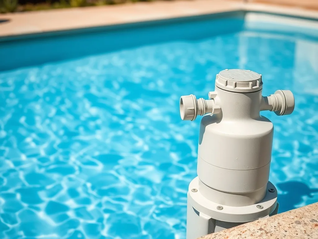 Cellule d'électrolyseur au sel installée sur une canalisation de piscine, avec gros plan sur les plaques de titane