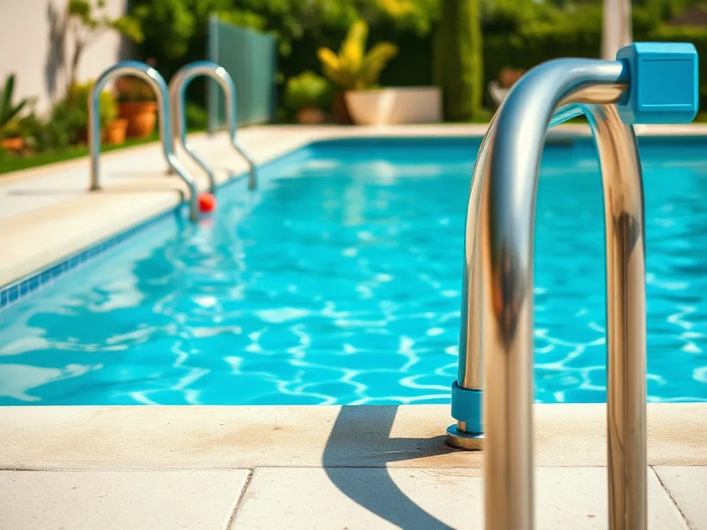 Piscine miroir à débordement en béton, eau parfaitement plane reflétant une terrasse en bois et la végétation environnante