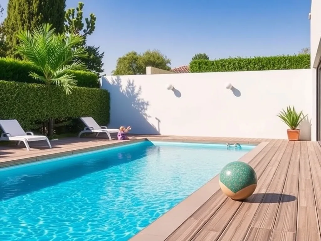 Piscine enterrée rectangulaire en kit avec margelles en bois et eau limpide, entourée de végétation