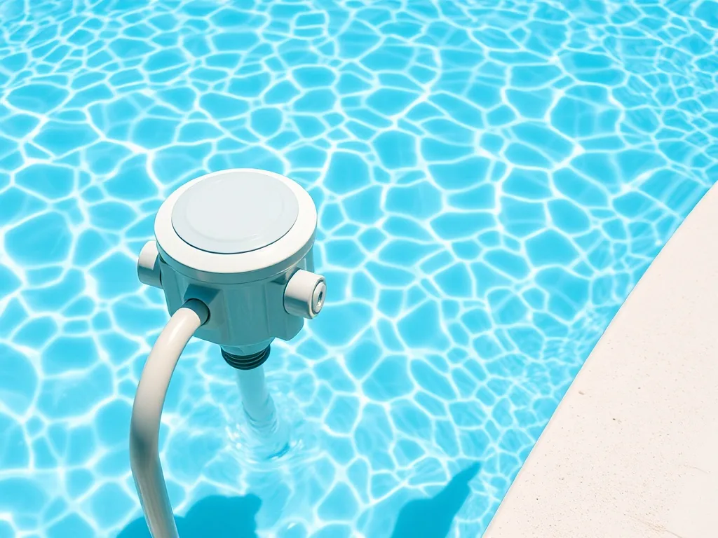Piscine semi-enterrée en acier avec structure métallique visible et terrasse en bois, installée dans un jardin en pente douce