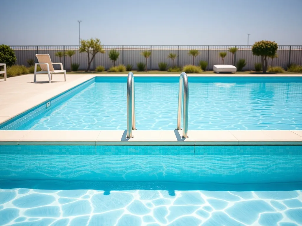 Piscine semi-enterrée composite installée dans un jardin en pente, margelles en bois et plage en pierre.