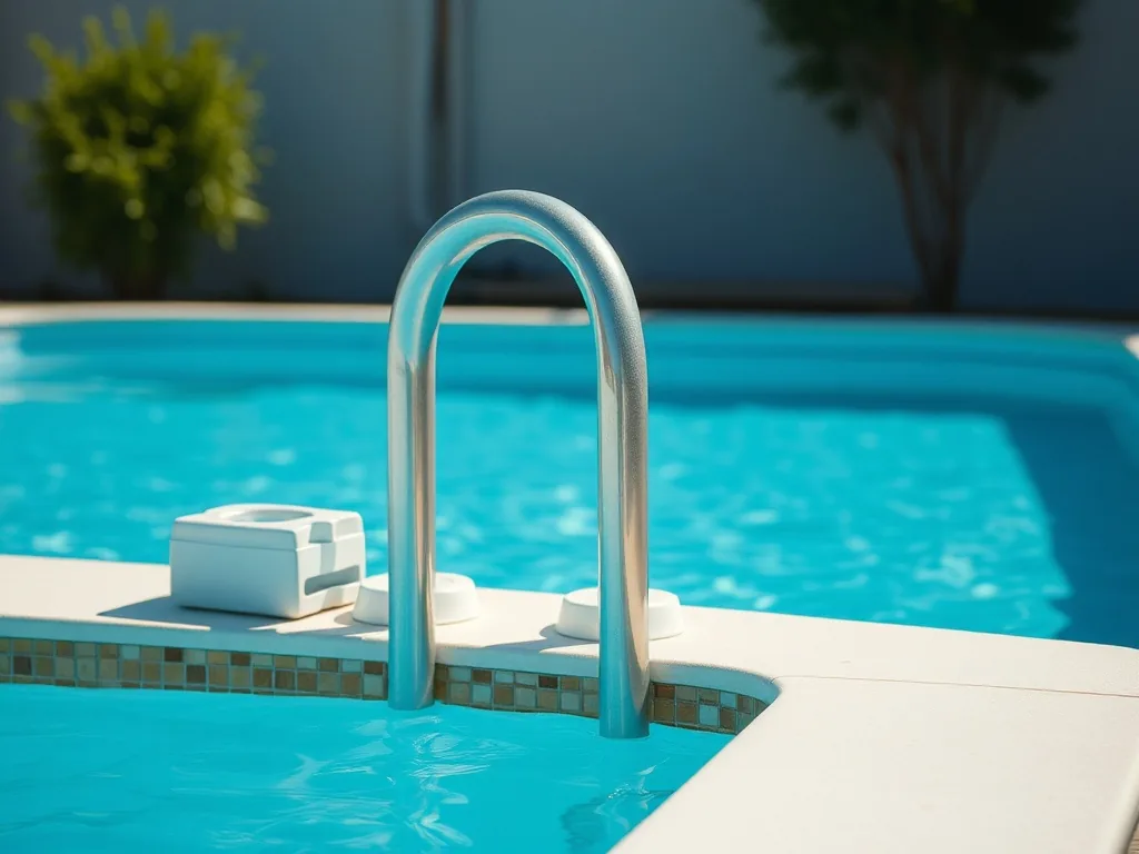 Vue aérienne d’une petite piscine coque installée dans un jardin de ville, eau limpide et margelles en bois composite