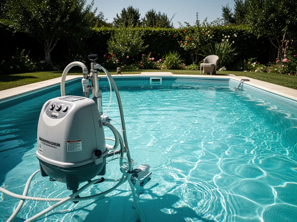 Accessoires d'entretien pour spa gonflable posés sur une terrasse : cartouche filtrante, testeur pH, pastilles de brome et nettoyant