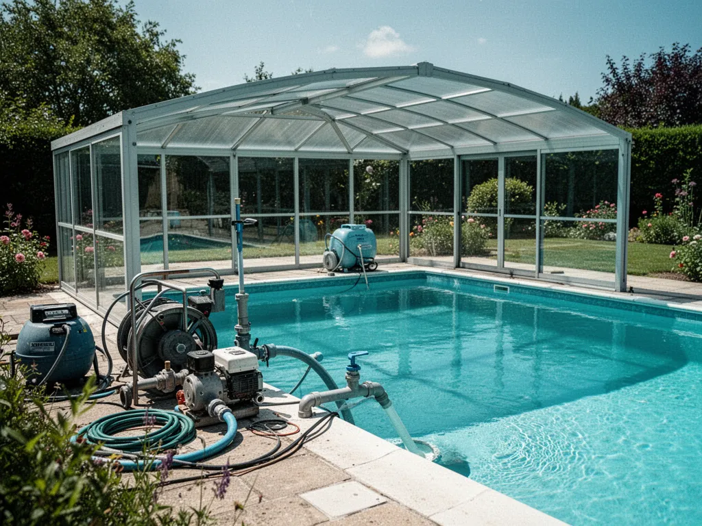 Détail d'un rail d'abri piscine en polycarbonate avec chariots et joint, après réparation
