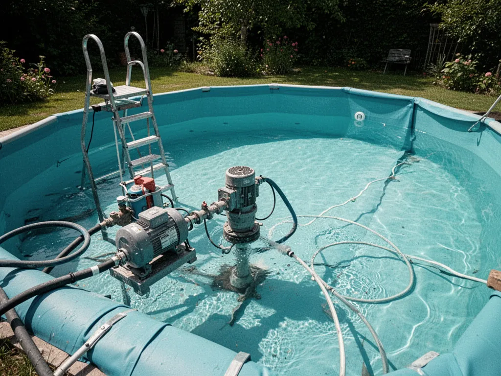 Main appliquant une rustine sur le liner bleu d'une piscine hors sol partiellement remplie