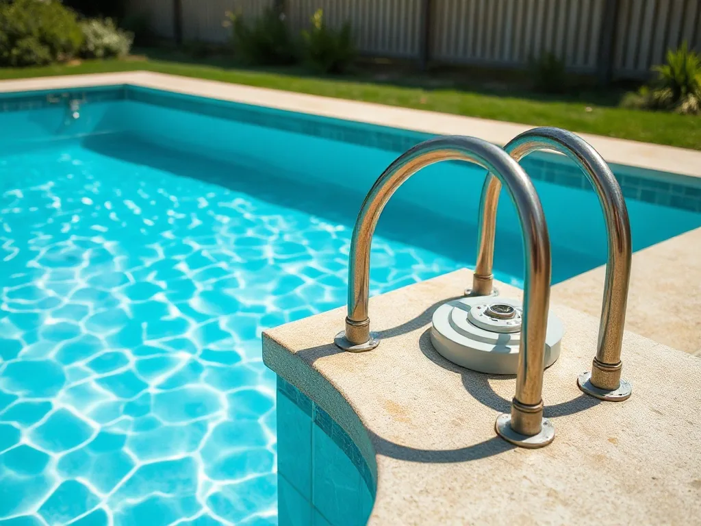 Plusieurs échantillons de revêtements pour piscine en béton disposés sur une margelle: carrelage gris, liner bleu, peinture époxy blanche et enduit minéral beige.