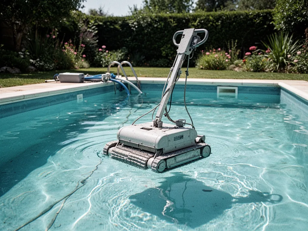 Robot de piscine sans fil en cours de nettoyage sur le fond et les parois d'un bassin enterré