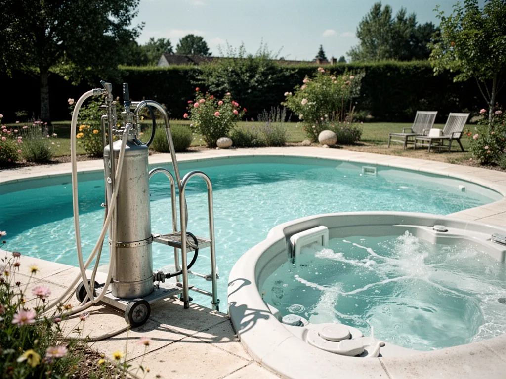 Spa extérieur avec eau fumante dans un jardin arboré du Loir-et-Cher