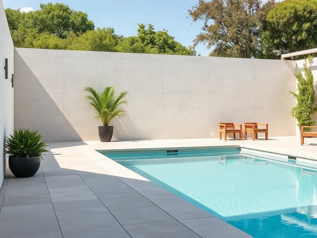 Terrasse de piscine en béton désactivé gris clair avec joints de dilatation, bordant un bassin enterré