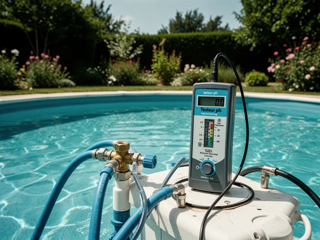 Gros plan sur un testeur pH électronique plongé dans un bassin, l'écran affiche 7.2 devant une eau limpide