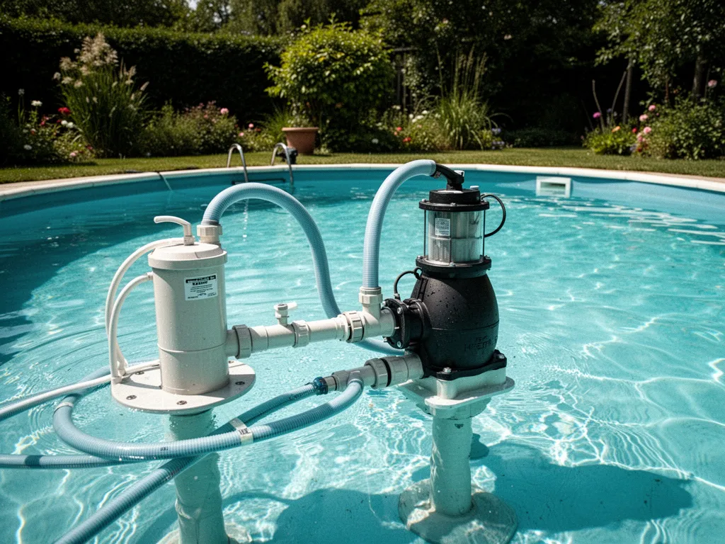 Vanne de vidange d'une pompe de filtration de piscine avec tuyau d'évacuation branché vers un regard d'égout